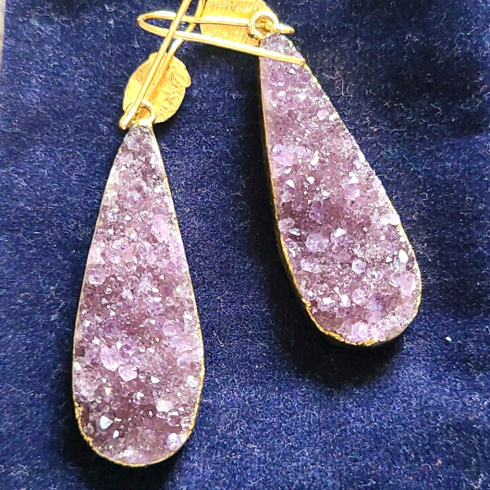 Natural Amethyst Gold Druwsy Pierced Earrings